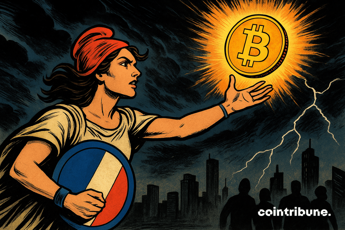 Una Marianne moderna, heroica y decidida, se acerca a un Bitcoin brillante en un cielo tormentoso, con su escudo azul, blanco y rojo en la mano, simbolizando que Francia se pone al día con la revolución de las criptomonedas.