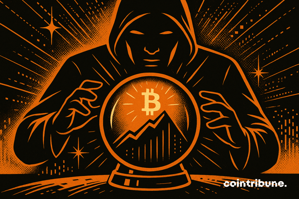 À l’intérieur de la boule, un Bitcoin incandescent apparaît au sommet d’un graphique haussier stylisé en montagne. Un analyste visionnaire ou oracle moderne tient la boule avec précaution, comme si elle révélait l’avenir.