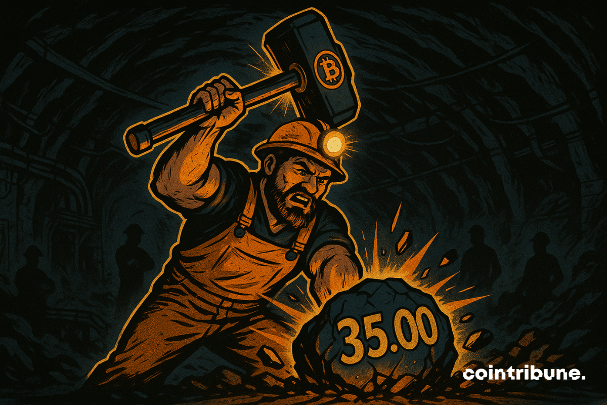 Un spécialiste du mining du Bitcoin tient un marteau gigantesque à deux mains, prêt à l’abattre. Un rocher massif se trouve devant lui, fissuré, marqué visuellement par une gravure stylisée : « 35.00 ». Il incarne les frais de transaction. Il se brise, des éclats volent dans toutes les directions.