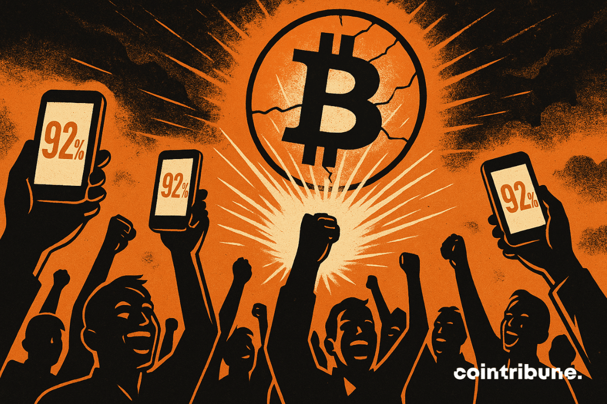 Une foule d’investisseurs brandit des smartphones vers le ciel, avec des écrans lumineux affichant le chiffre 92 % relatif au profit réalisé. Derrière la foule, une énorme pièce de Bitcoin rayonne dans le ciel.