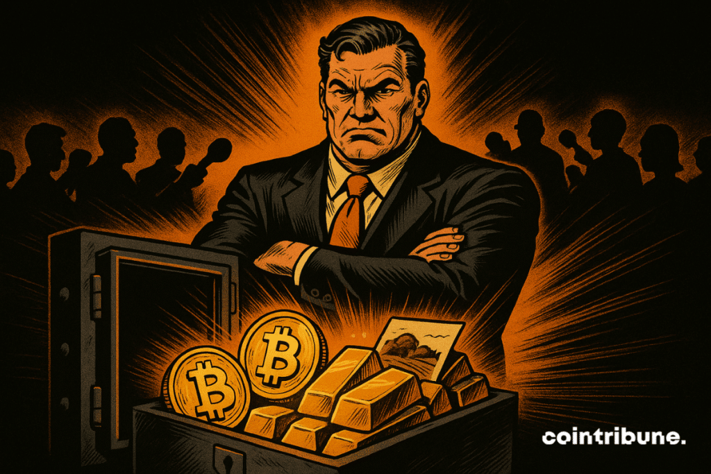 Un homme massif, style businessman, en costume noir avec cravate orange. Il incarne la personnification de Tether. Le coffre ouvert à côté de lui déborde de Bitcoin brillants, de lingots d’or scintillants, et d’un parchemin stylisé représentant un terrain.