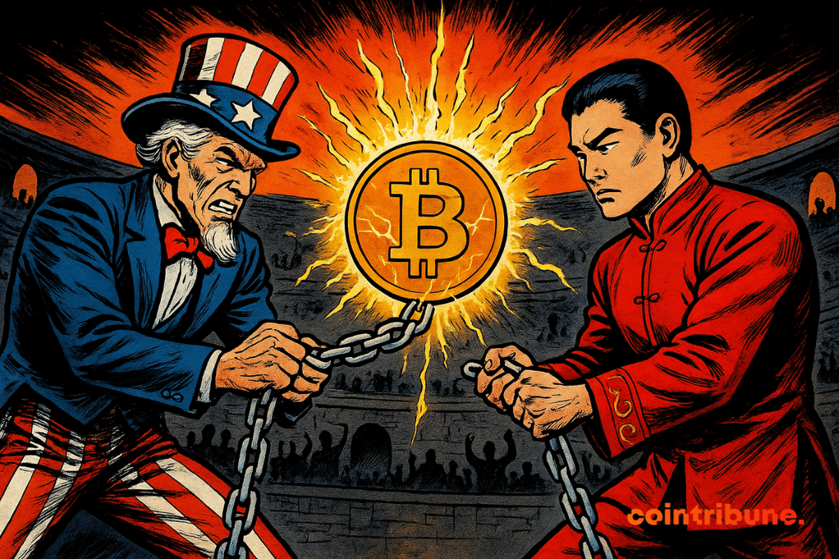 Deux figures emblématiques : l’Oncle Sam et un représentant chinois en rouge – s’affrontent dans une arène antique, tirant chacun une lourde chaîne reliée à un Bitcoin géant électrifié, illuminé par un halo orange explosif.
