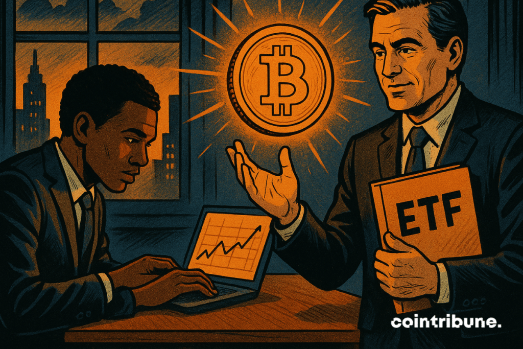 Businessmen strategize Bitcoin ETF launch under orange glow in office at dusk.