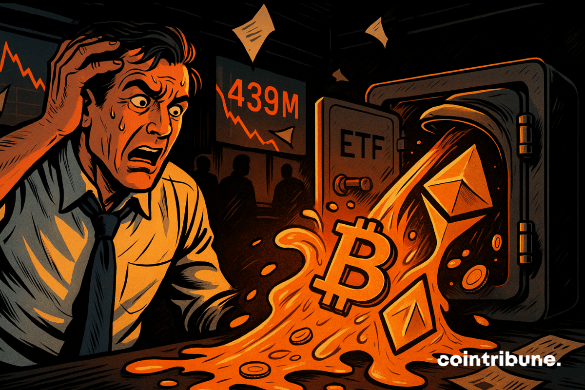 Panicked trader watches Bitcoin and Ethereum spill from a broken ETF vault.