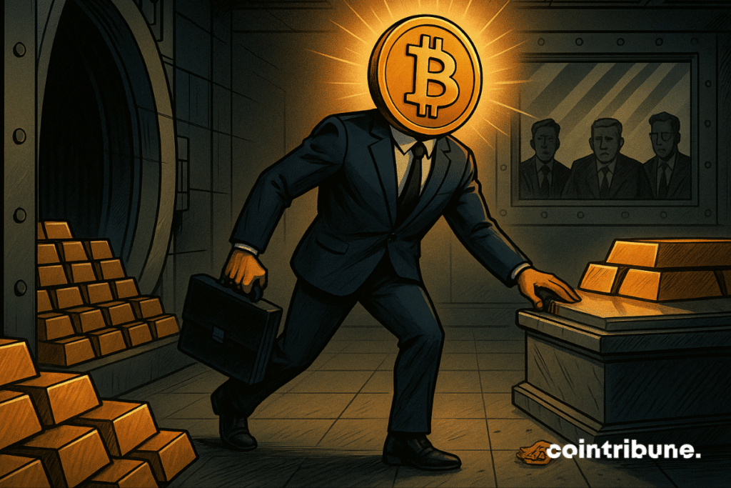 Bitcoin figure enters central bank vault, reaching toward gold bars under watchful eyes.