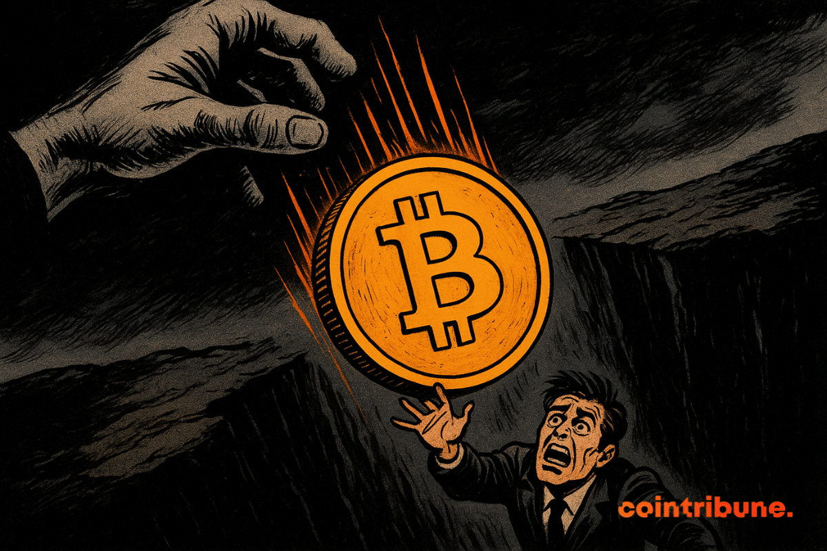 A giant hand drops a glowing Bitcoin into a dark abyss as a terrified man in a suit reaches for it.