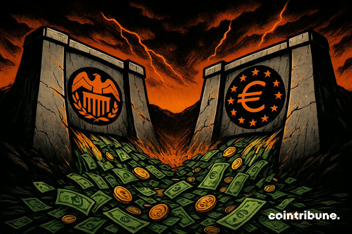 Deux immenses barrages, l’un frappé du sceau de la Fed et l’autre du logo de la BCE, se fissurent sous une pression colossale. Derrière eux, un ciel orageux orange et noir s’embrase de lumière, tandis que des torrents de billets verts et de pièces dorées se déversent vers l’avant… vers le bitcoin