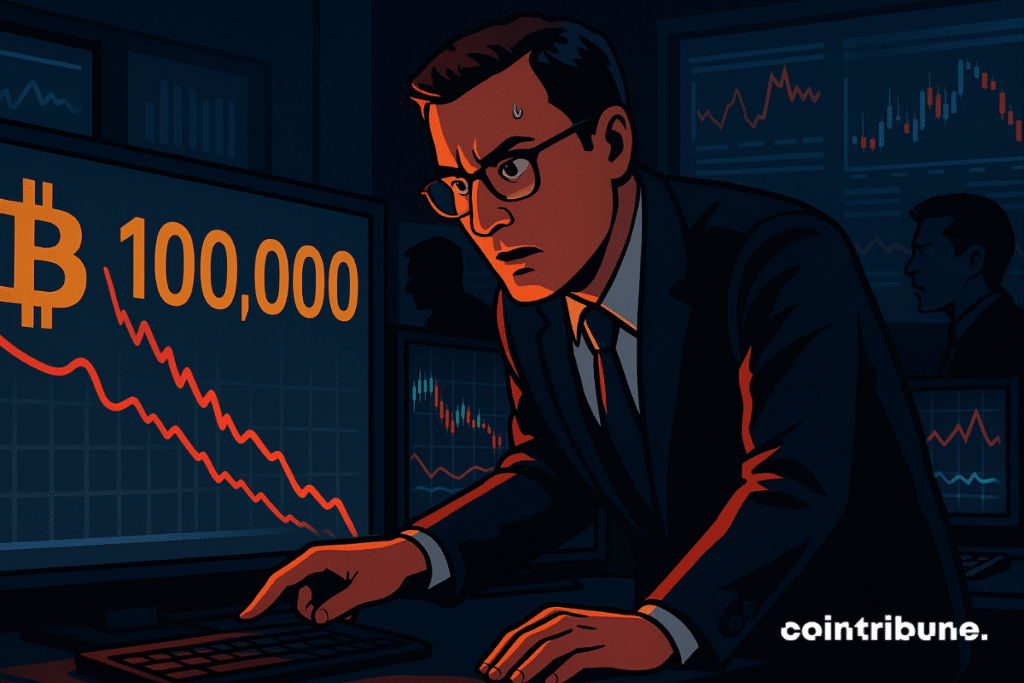 Analyst watches Bitcoin chart dip below 0,000 in tense control room scene.