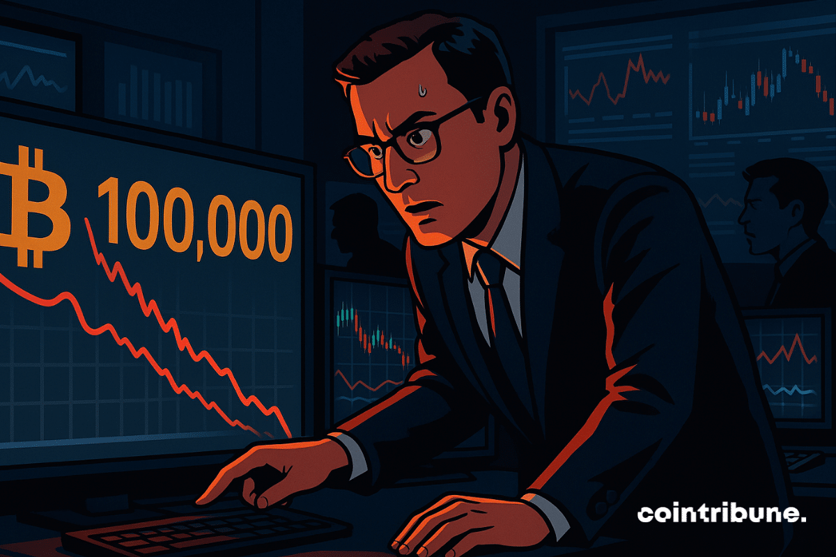 Analyst watches Bitcoin chart dip below 0,000 in tense control room scene.