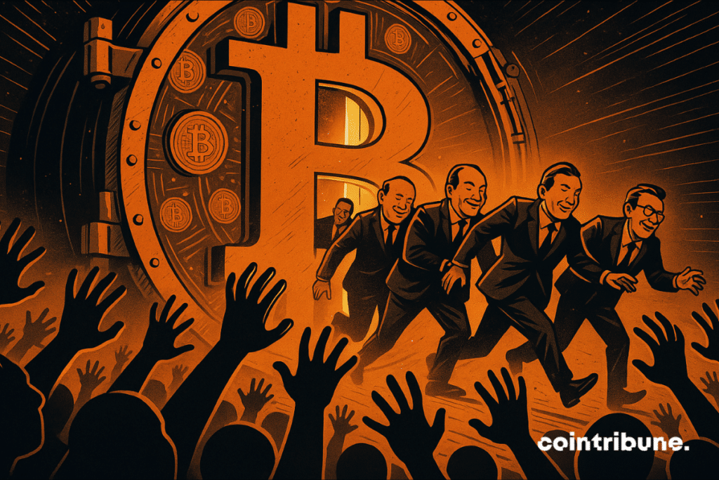 Desperate crowd reaches for Bitcoin vault as suited men smugly slip through closing door.