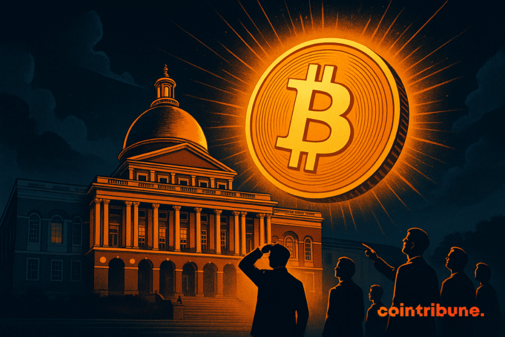 À noite, a Massachusetts State House brilha em laranja sob a luz de um Bitcoin gigante brilhando no céu, enquanto silhuetas de figuras olham para cima com admiração.