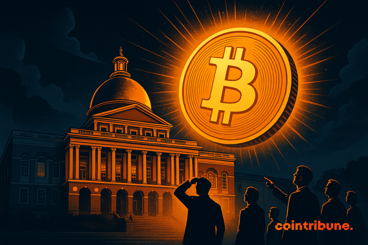At night, the Massachusetts State House glows orange under the light of a giant Bitcoin shining in the sky, while silhouetted figures look up in awe.