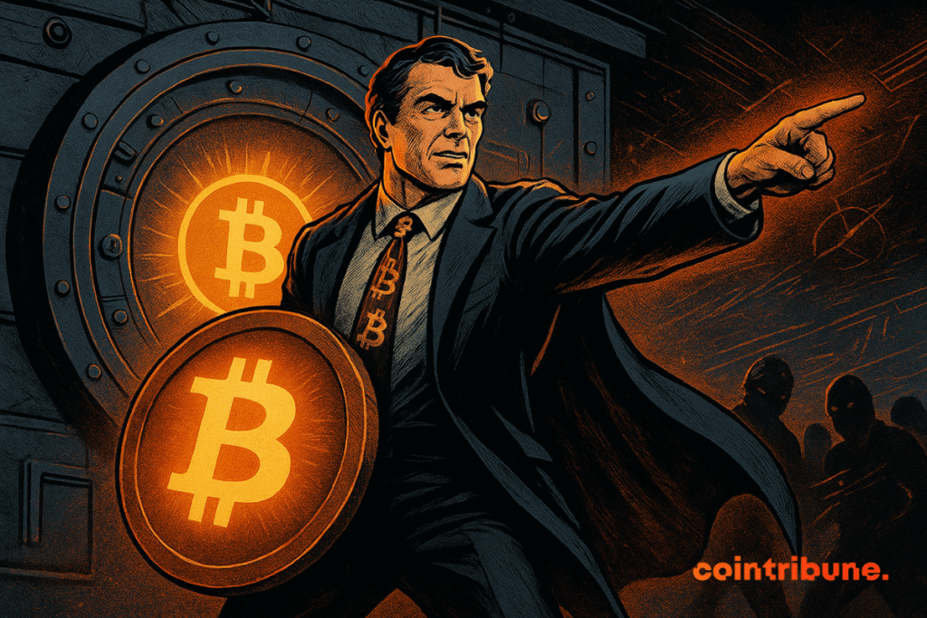 Comic-style man in a suit points forward, standing before a glowing Bitcoin vault, shield in hand, shadowy hackers in the background.