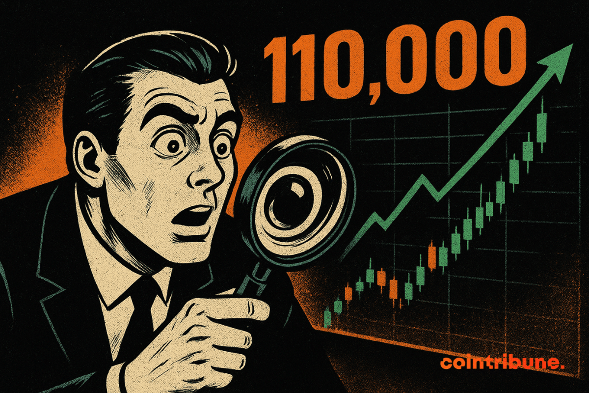 A comic-style illustration of a shocked man in a suit holding a magnifying glass, staring at a sharply rising stock chart with the number "110,000" above it.