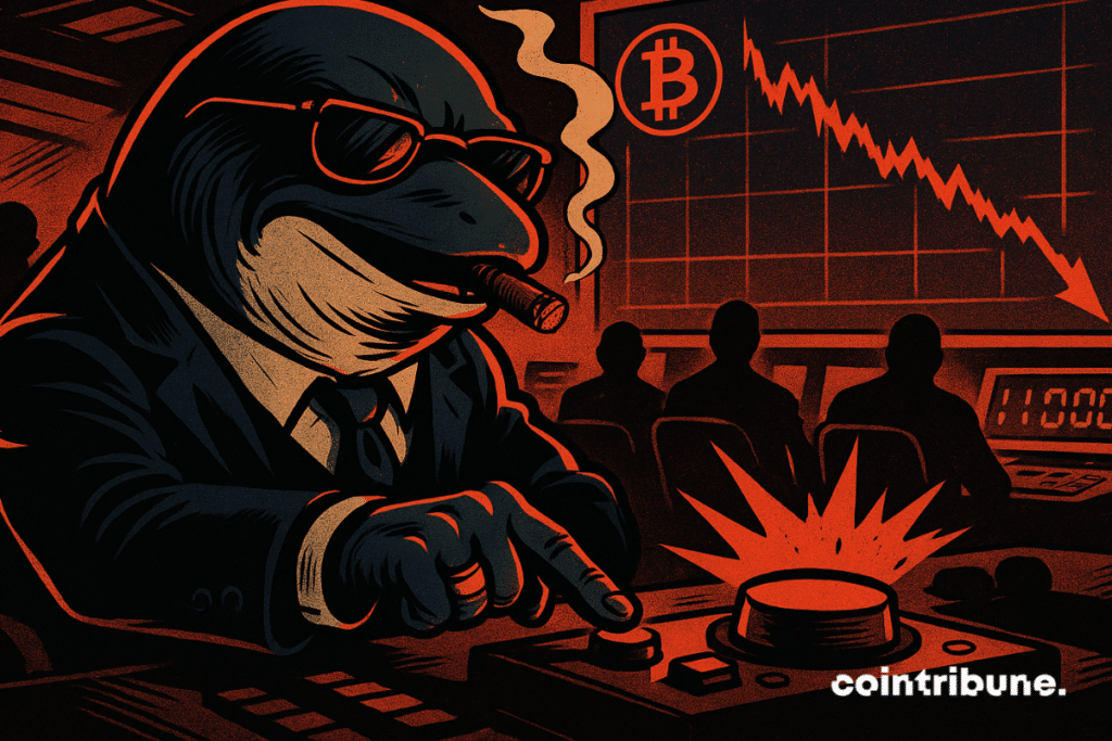 Une puissante baleine en costume appuie sur le bouton de vente alors que le prix du Bitcoin s'effondre sur l'écran derrière.