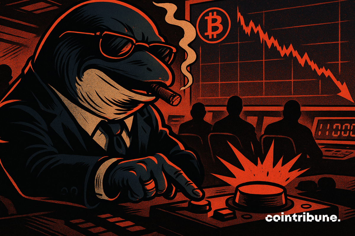 Una poderosa ballena con traje pulsa el botón de venta mientras el precio del bitcoin se desploma en la pantalla detrás.