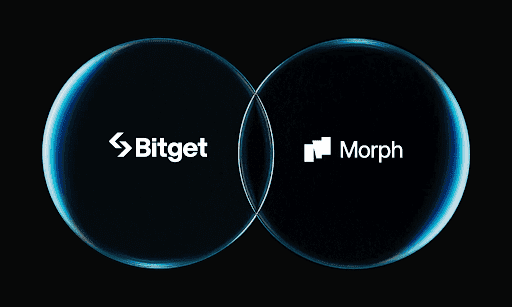 Logotipos de Bitget y Morph superpuestos en dos esferas entrelazadas, simbolizando su colaboración estratégica.