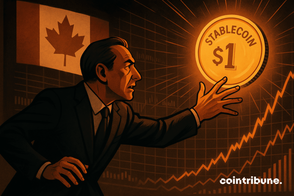 Bank official lunges for glowing stablecoin in a dramatic scene with the Canadian flag and market charts.