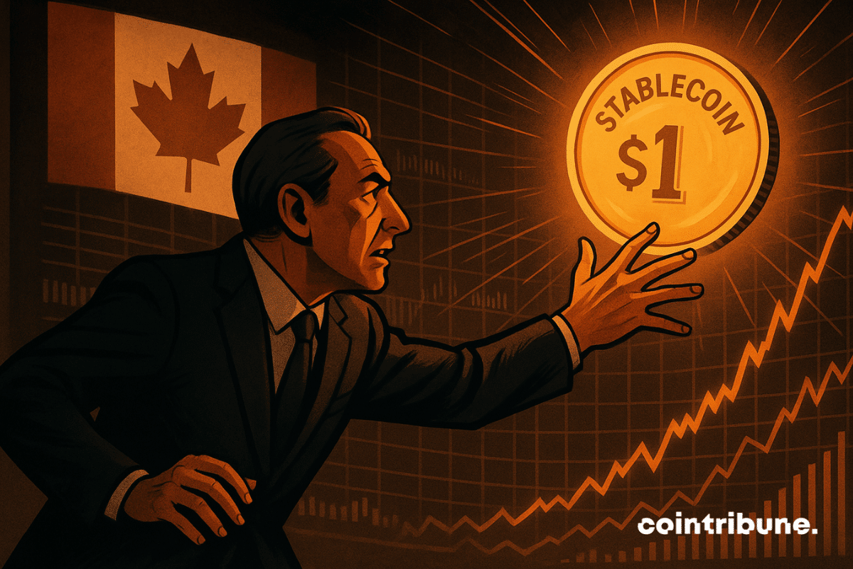 Bank official lunges for glowing stablecoin in a dramatic scene with the Canadian flag and market charts.