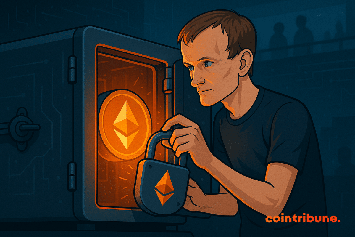 Vitalik Buterin opening a futuristic chest illuminated by an orange Ethereum token.