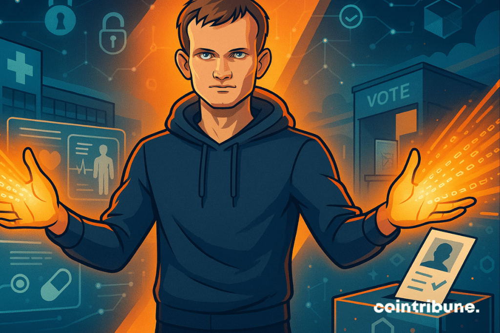 Vitalik Buterin projecting digital energy to transform healthcare and voting systems.