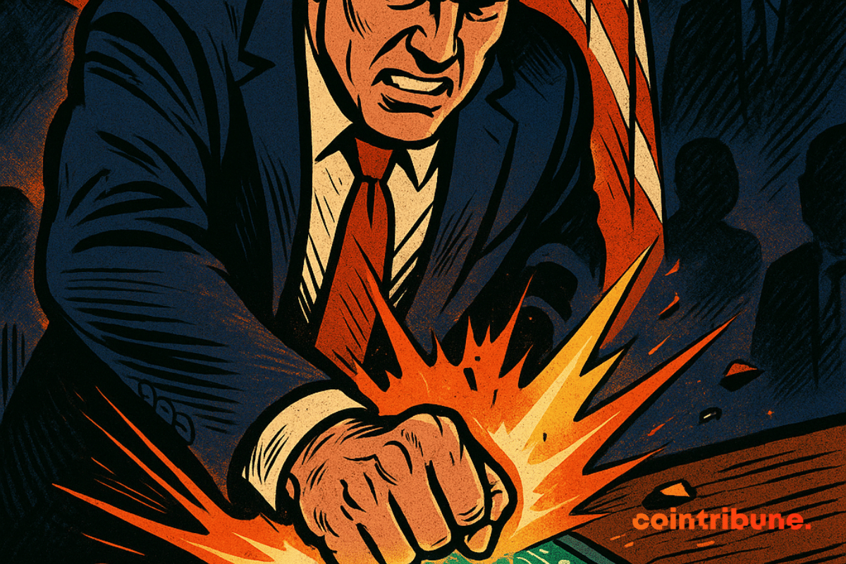 A Republican politician punches a tablet displaying a digital dollar, triggering a comic-book-style explosion.