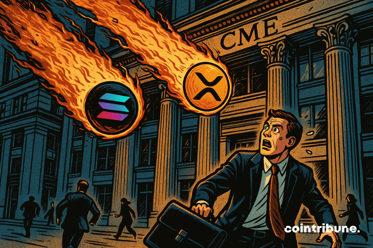 Deux météores enflammés Solana et XRP foncent vers le CME, semant la panique parmi les traders en costume.