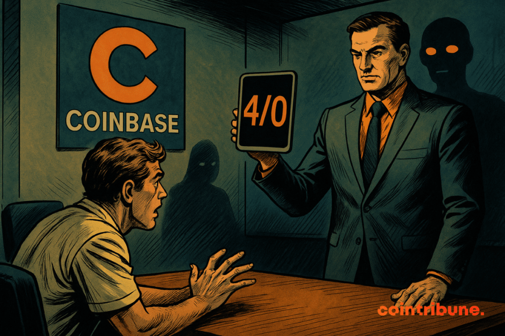 A manager hands a tablet marked “4/10” to a shocked developer, under the threatening gaze of an AI silhouette.