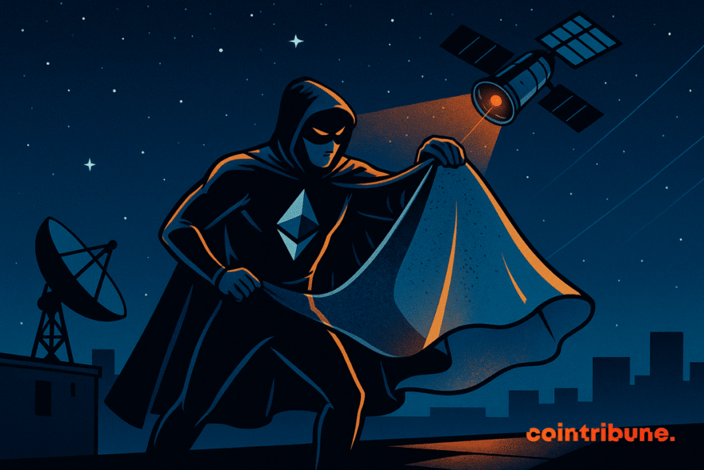 Un héros masqué, symbole d’Ethereum, se dissimule sous une cape face à un satellite espion dans la nuit urbaine.
