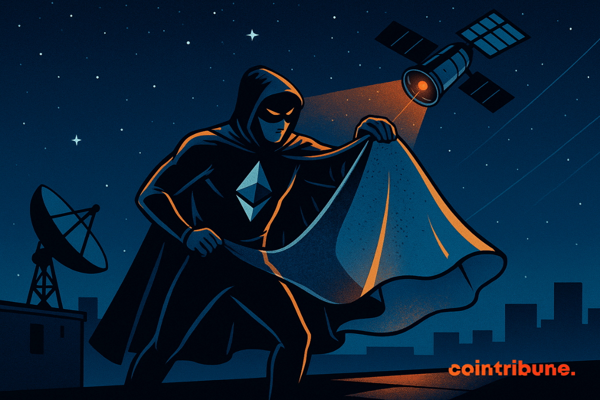 Un héroe enmascarado, símbolo de Ethereum, se esconde bajo una capa frente a un satélite espía en la noche urbana.