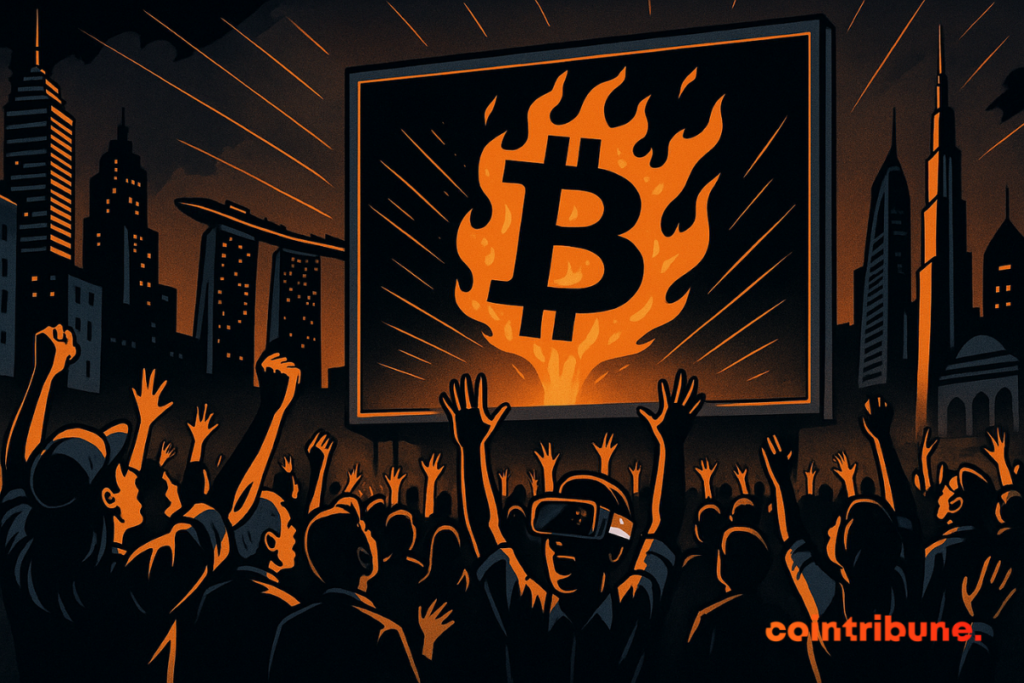 An excited crowd raises their arms in front of a giant screen displaying a Bitcoin in flames, in an intense, urban, nighttime atmosphere.
