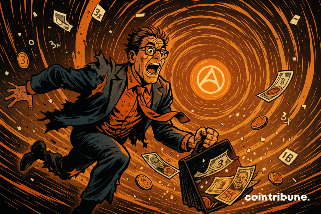 A panicked man falls into an orange vortex, surrounded by bills, crypto coins and digital symbols, in the midst of turmoil.