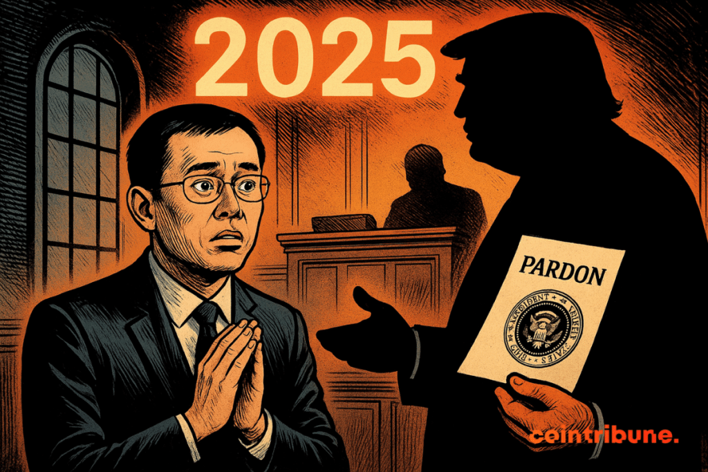 Una escena de tribunal de estilo cómico muestra a CZ con aspecto ansioso y las manos juntas, mientras la silueta oscura de Trump ofrece un indulto presidencial marcado con el sello, bajo un brillante “2025”.