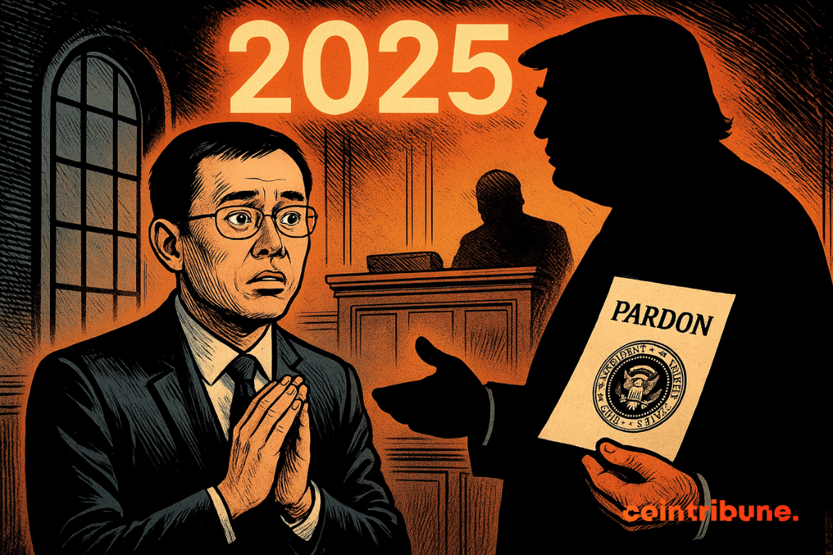 Une scène de salle d'audience de style comique montre CZ l'air anxieux, les mains jointes, tandis que la silhouette sombre de Trump offre une grâce présidentielle marquée du sceau, sous un « 2025 » lumineux.