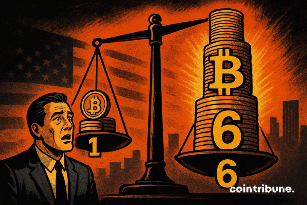 Un homme d'affaires en costume semble choqué par une balance déséquilibrée, où une petite pile de Bitcoin étiquetée « 1 » est surpassée par une pile imposante étiquetée « 6 », brillant d'une lumière orange.