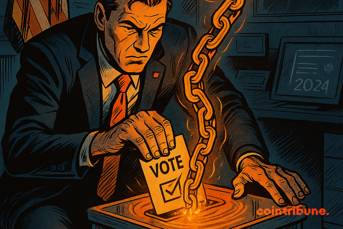 Un homme insère son vote dans une urne blockchain, une chaîne lumineuse orange émerge sous surveillance institutionnelle.