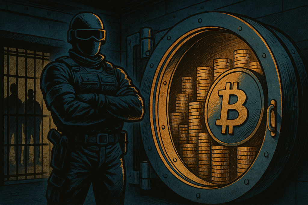 Un garde en tenue tactique se tient devant un coffre-fort ouvert débordant de pièces Bitcoin lumineuses, dans une ambiance sombre et sécurisée