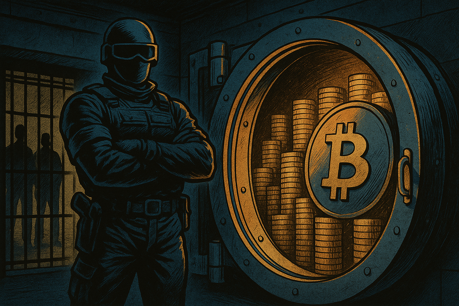 Un garde en tenue tactique se tient devant un coffre-fort ouvert débordant de pièces Bitcoin lumineuses, dans une ambiance sombre et sécurisée