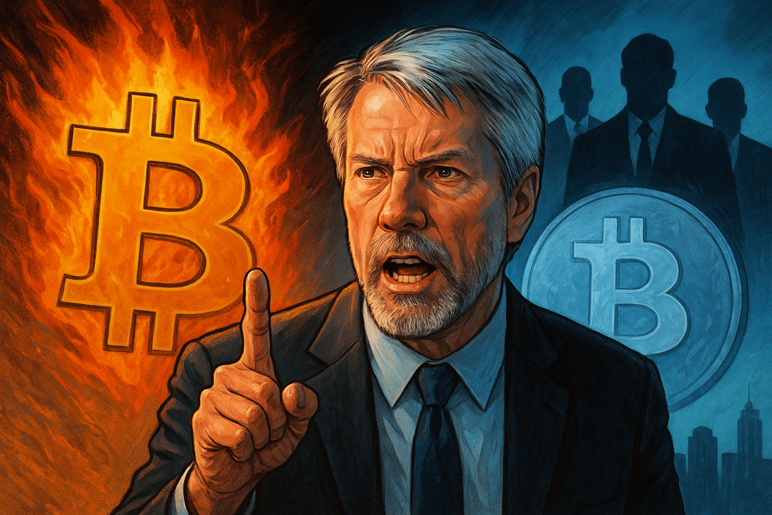 Un homme en costume avertit vivement, derrière lui un Bitcoin en flammes et un autre glacé, dominés par des silhouettes.
