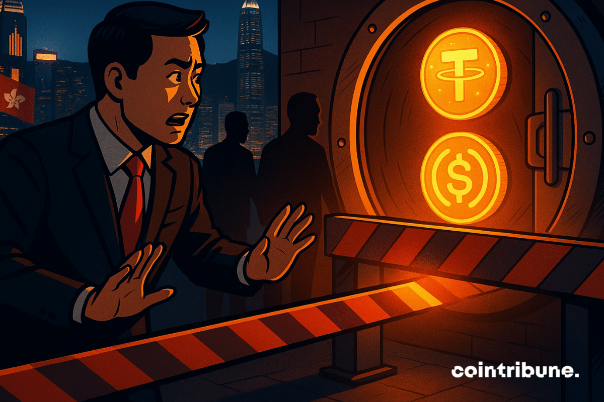 Un homme d'affaires chinois choqué par la barrière bloquant l'accès au coffre-fort de stablecoin à Hong Kong.