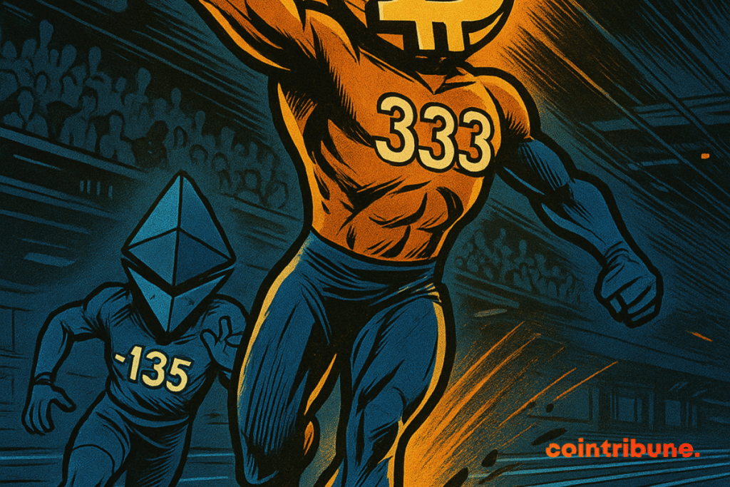 Bitcoin franchit la ligne d’arrivée triomphalement, tandis qu’Ethereum chute en arrière-plan, symbolisant les flux opposés d’ETF.