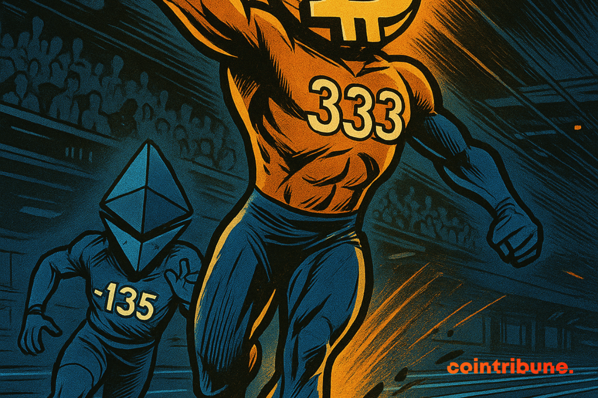 Bitcoin franchit la ligne d’arrivée triomphalement, tandis qu’Ethereum chute en arrière-plan, symbolisant les flux opposés d’ETF.