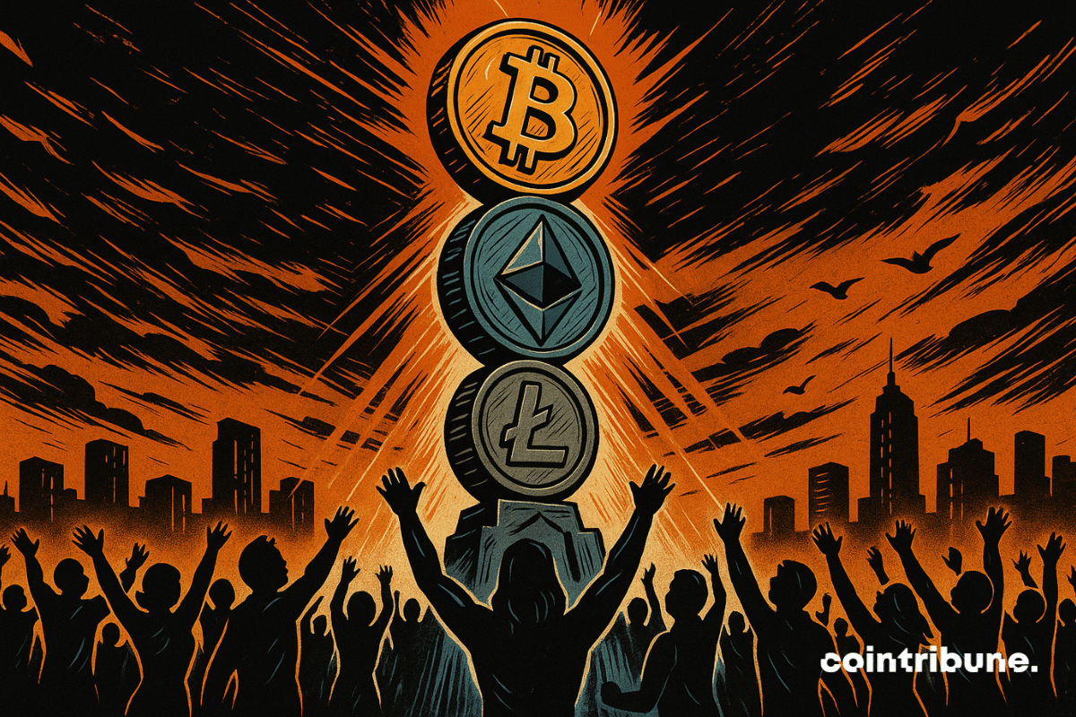 Une foule de silhouettes humaines en cercle, levant les bras vers un immense totem constitué de pièces crypto empilées (Bitcoin en haut, Ether en second, autres cryptos en dessous).