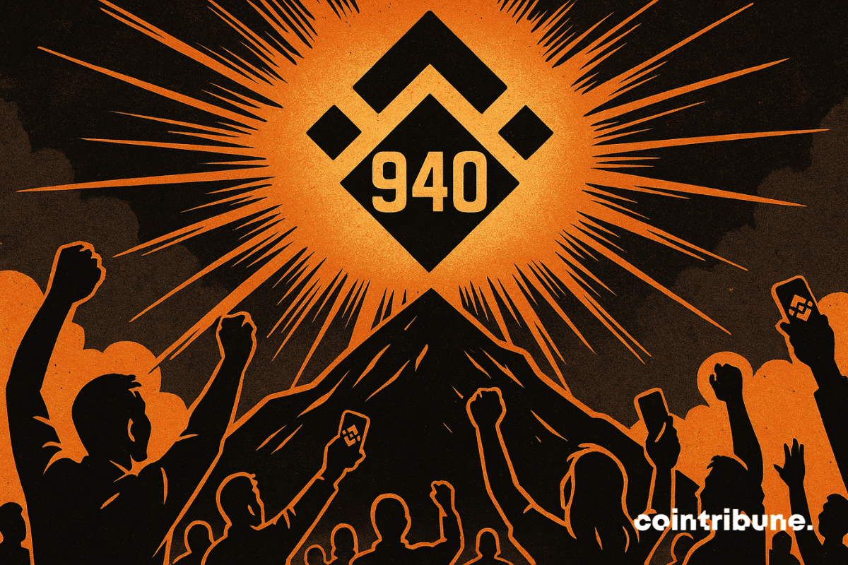 Un énorme logo BNB transformé en soleil incandescent trône dans le ciel, irradiant de lumière orange intense. Au centre de ce logo brûlant, en chiffres lumineux, apparaît le 940. Une foule d’investisseurs crypto, silhouettes noires contrastées, lèvent les bras et leurs téléphones vers le ciel.
