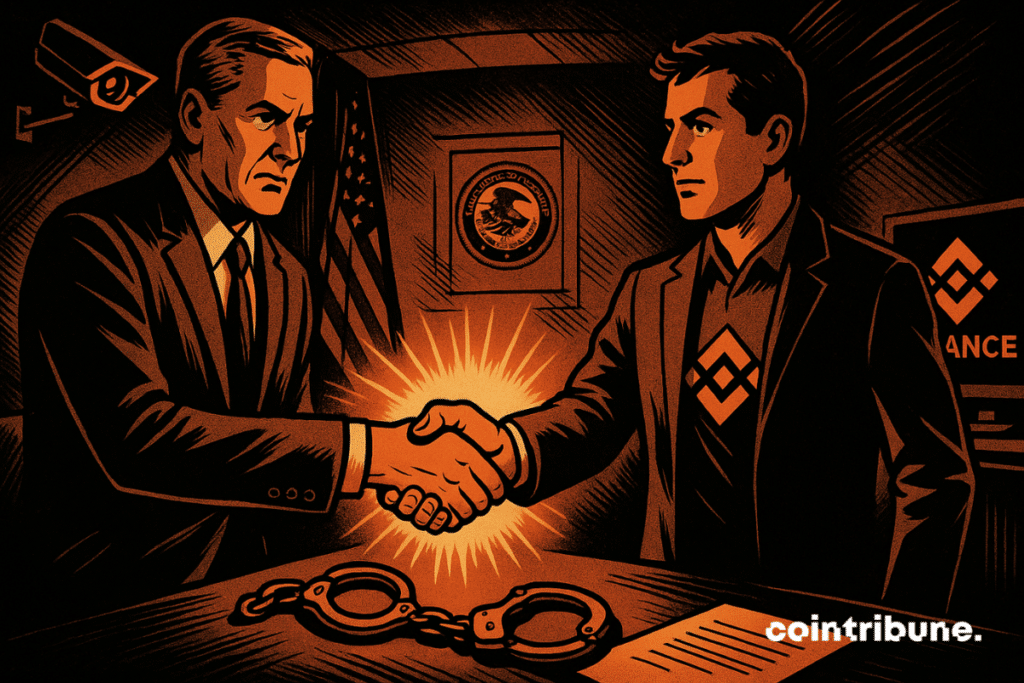 Um representante do governo e um executivo da exchange de criptomoedas Binance apertam as mãos sobre uma mesa. Um par de algemas abertas entre eles simboliza o fim da supervisão.