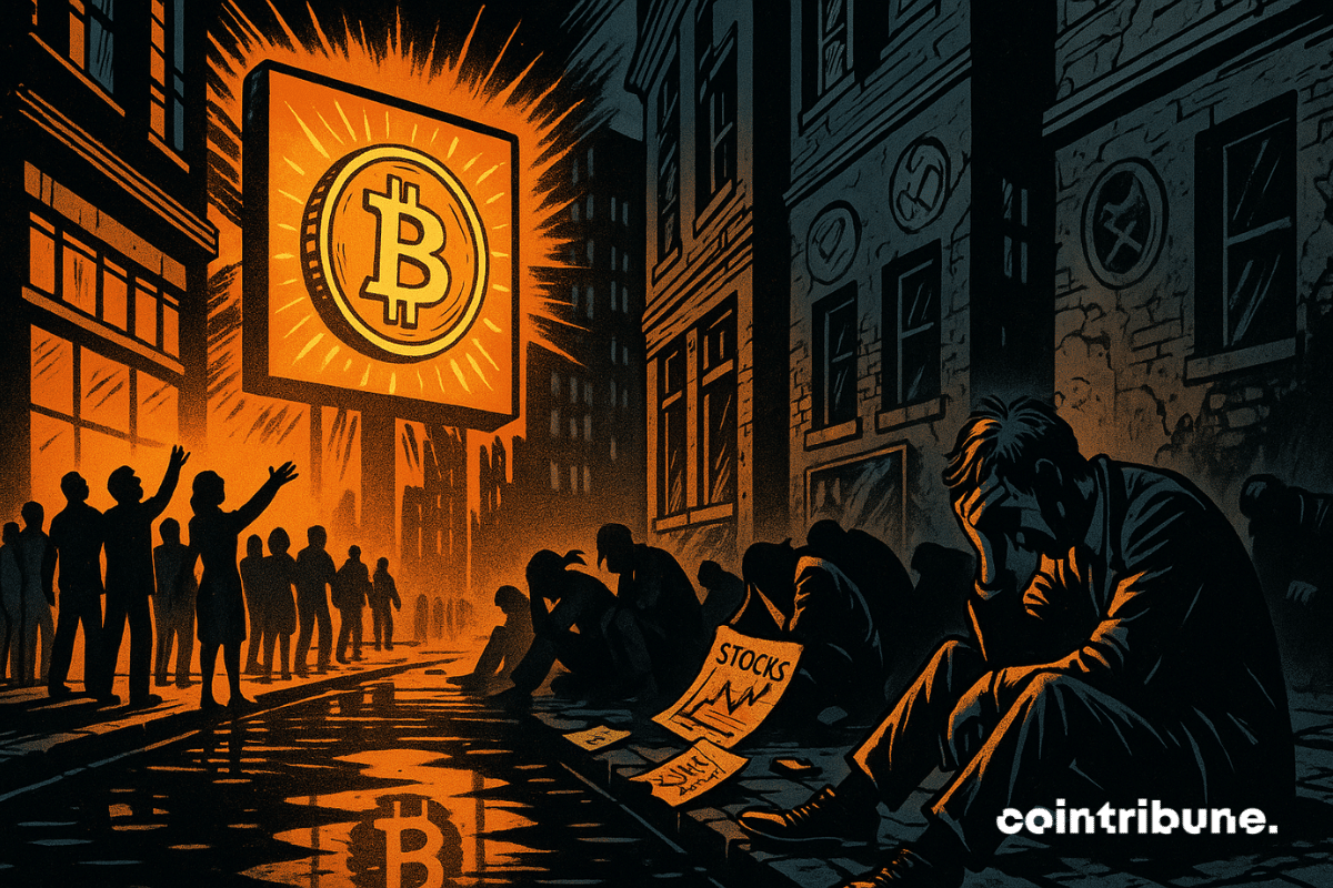 Un gran cartel luminoso con el logo de Bitcoin, brillante en dorado/naranja. A la izquierda, una multitud alegre mira hacia el cartel. A la derecha, figuras pro-cripto están desplomadas en el suelo, con papeles de sus “acciones” en la mano.