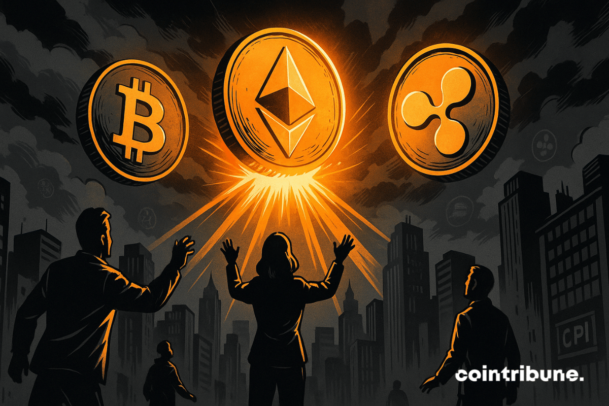 Trois cryptos énormes flottent au-dessus de la ville : le Bitcoin (BTC), Ethereum (ETH) et le XRP. Elles apparaissent d’abord ternes en noir et blanc, puis se recolorent progressivement en orange/or brillant comme si la lumière revenait dans l'attente du CPI .