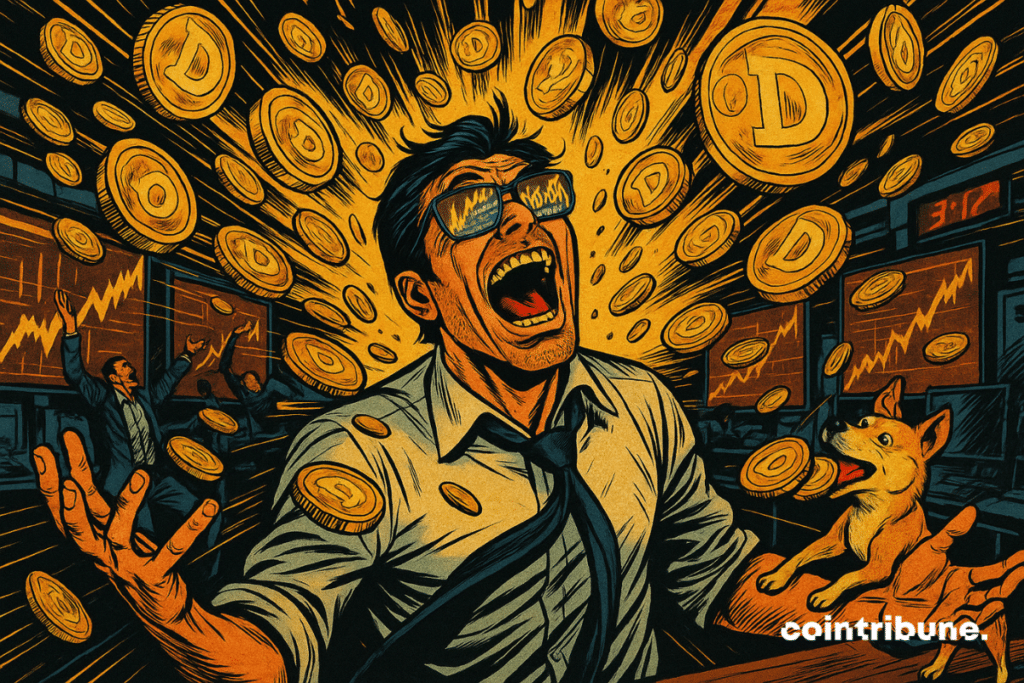Un trader crypto est assis, mais penché vers l’arrière, submergé, les bras écartés, bouche grande ouverte en cri d’euphorie. Ses lunettes reflètent l’image d’un graphique explosif et d’un chiffre énorme : 16 000 000 000. Une pluie de pièces Dogecoin dorées remplit la moitié supérieure de l’image, projetée vers lui comme une avalanche, ce qui symbolise l’explosion de l’open interest.