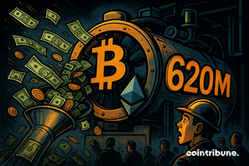 A comic-style scene of a giant industrial machine with Bitcoin and Ethereum symbols sucking in cash and coins, glowing with “620M” while shocked investors look on.