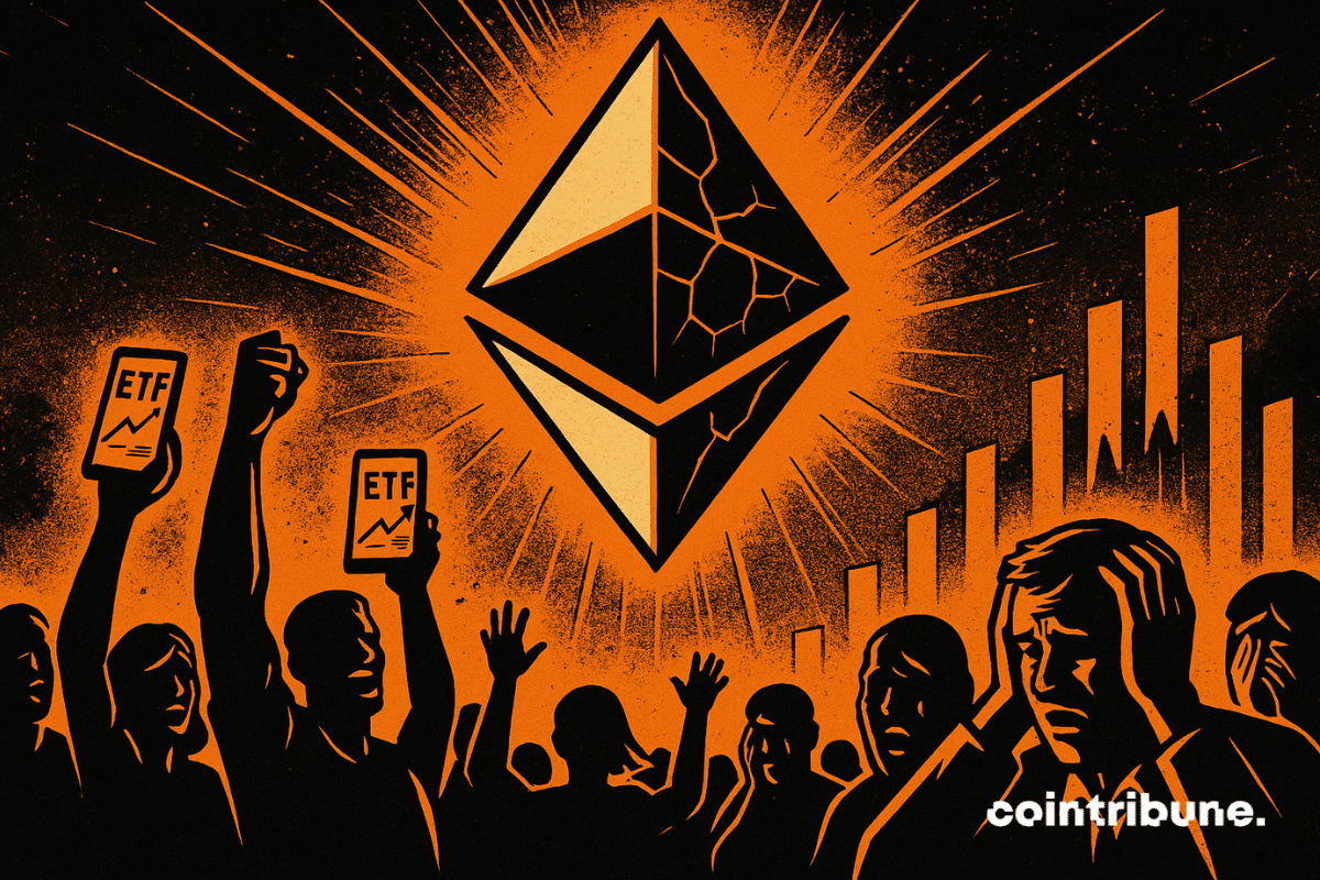 La foule d’investisseurs crypto partagée entre euphorie et panique malgré les afflux records sur les ETF Ethereum.